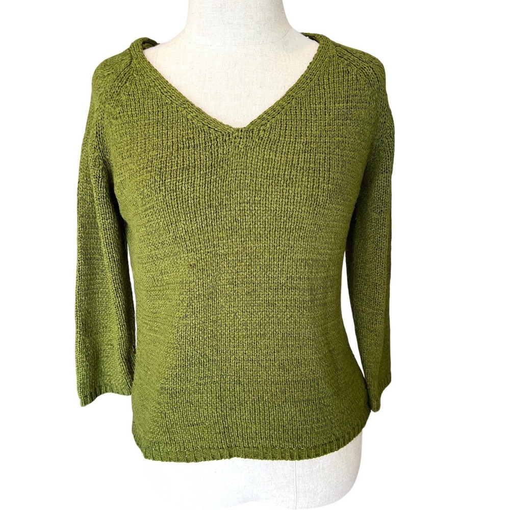 August Silk Sweater Women Small Olive Green V-Neck 3/4 Sleeve Knit 90s Earthy